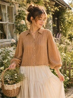 Verona XL Brown Stripe Textured Button Front Puff Sleeve Blouse